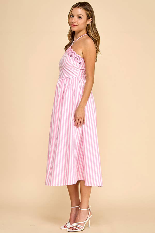 Scalloped halter neckline midi dress with embroidery detail