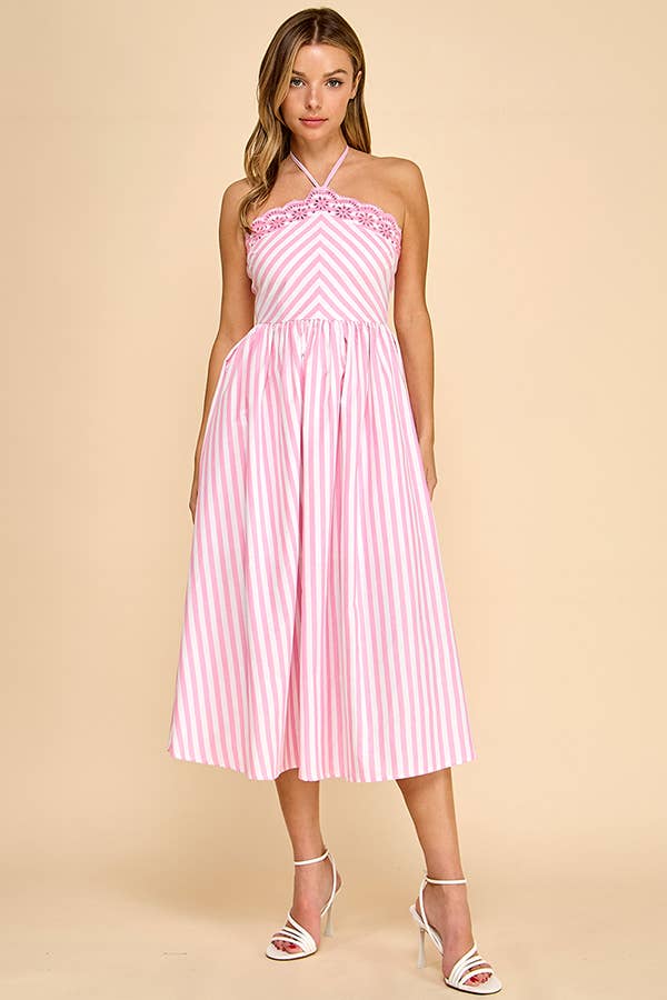 Scalloped halter neckline midi dress with embroidery detail