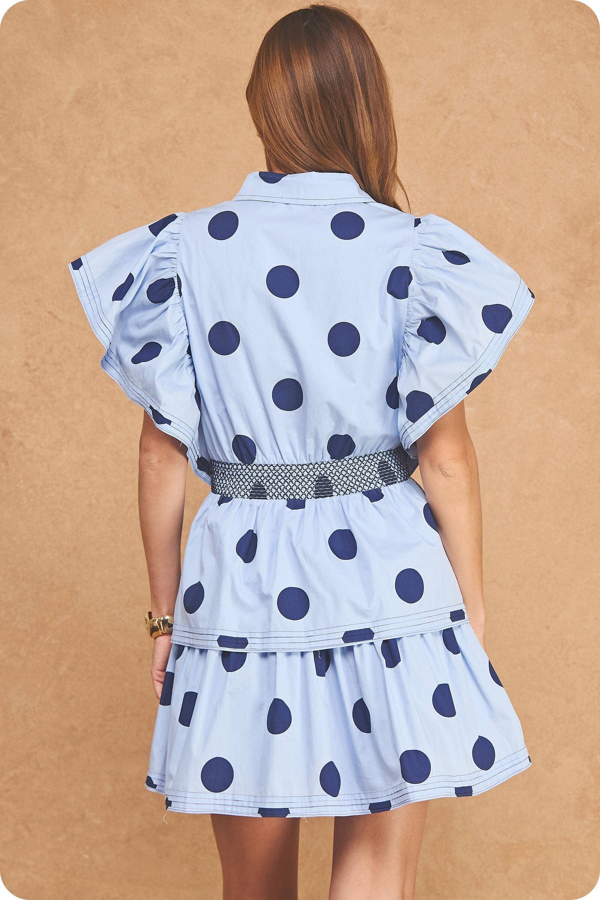 Top Stitch Statement Sleeve Polka Dot Mini Dress