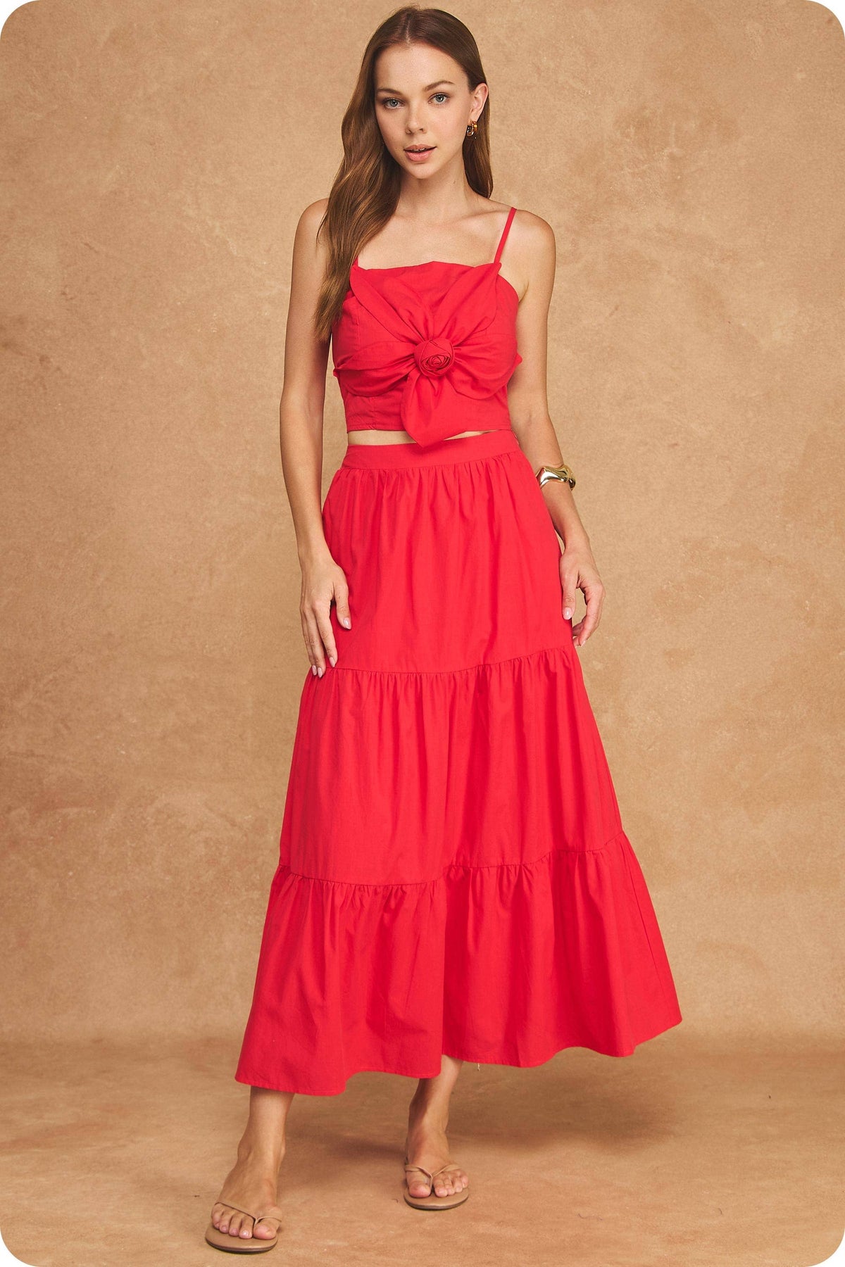 Flower Rosette Detail Crop Top & Tiered Midi Skirt Set