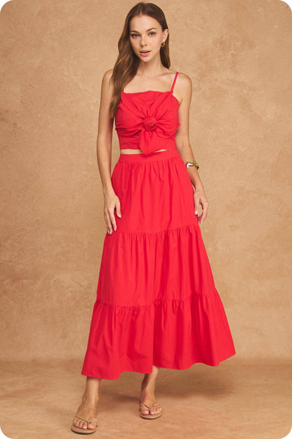 Flower Rosette Detail Crop Top & Tiered Midi Skirt Set