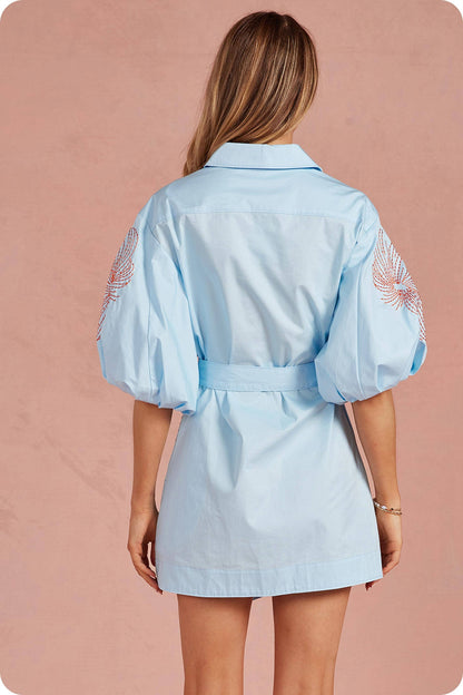Embroidered Puff Sleeve Belted Mini Shirt Dress