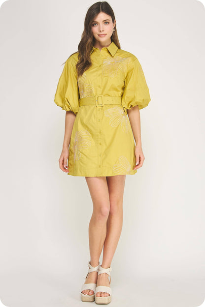 Embroidered Puff Sleeve Belted Mini Shirt Dress