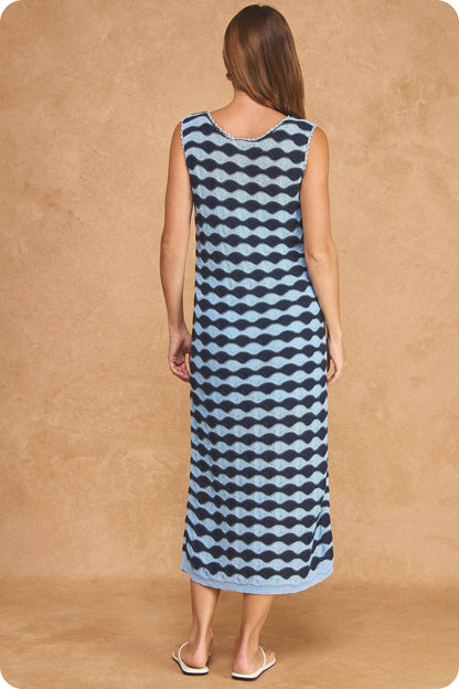 Scalloped Wavy Stripe Knit Sleeveless Midi Dress