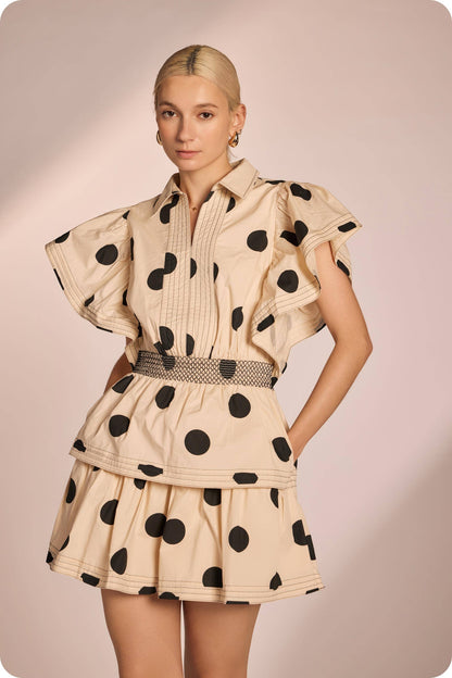 Top Stitch Statement Sleeve Polka Dot Mini Dress