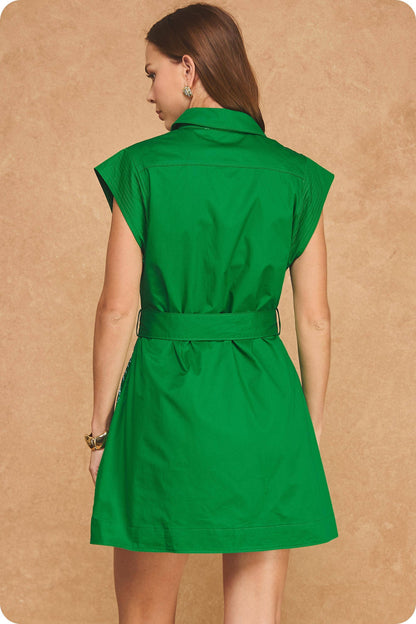 Embroidered Floral Button-Down Belted Sleeveless Shirt Dress