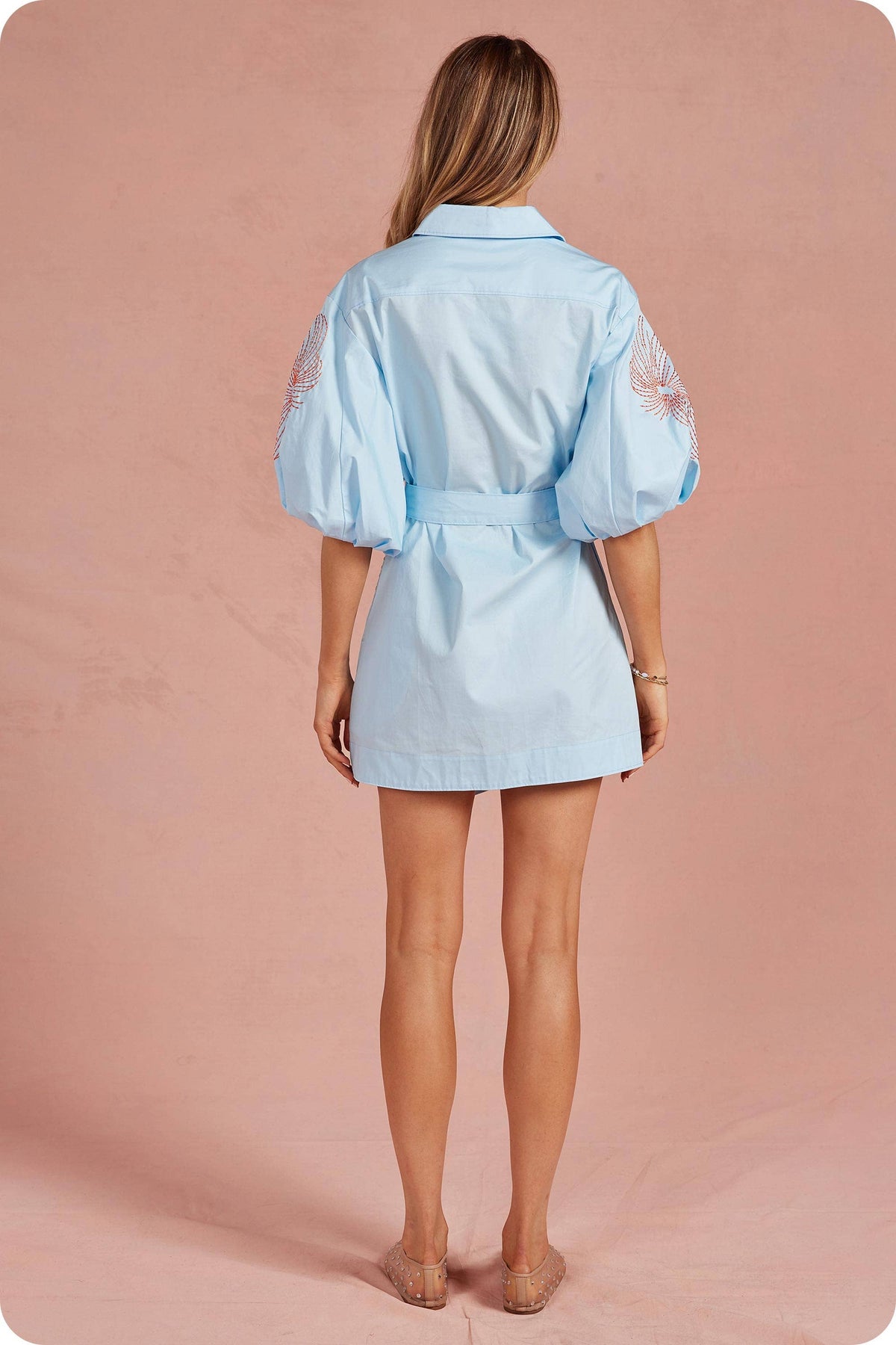 Embroidered Puff Sleeve Belted Mini Shirt Dress