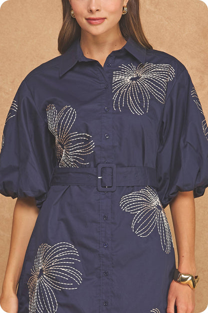 Embroidered Puff Sleeve Belted Mini Shirt Dress