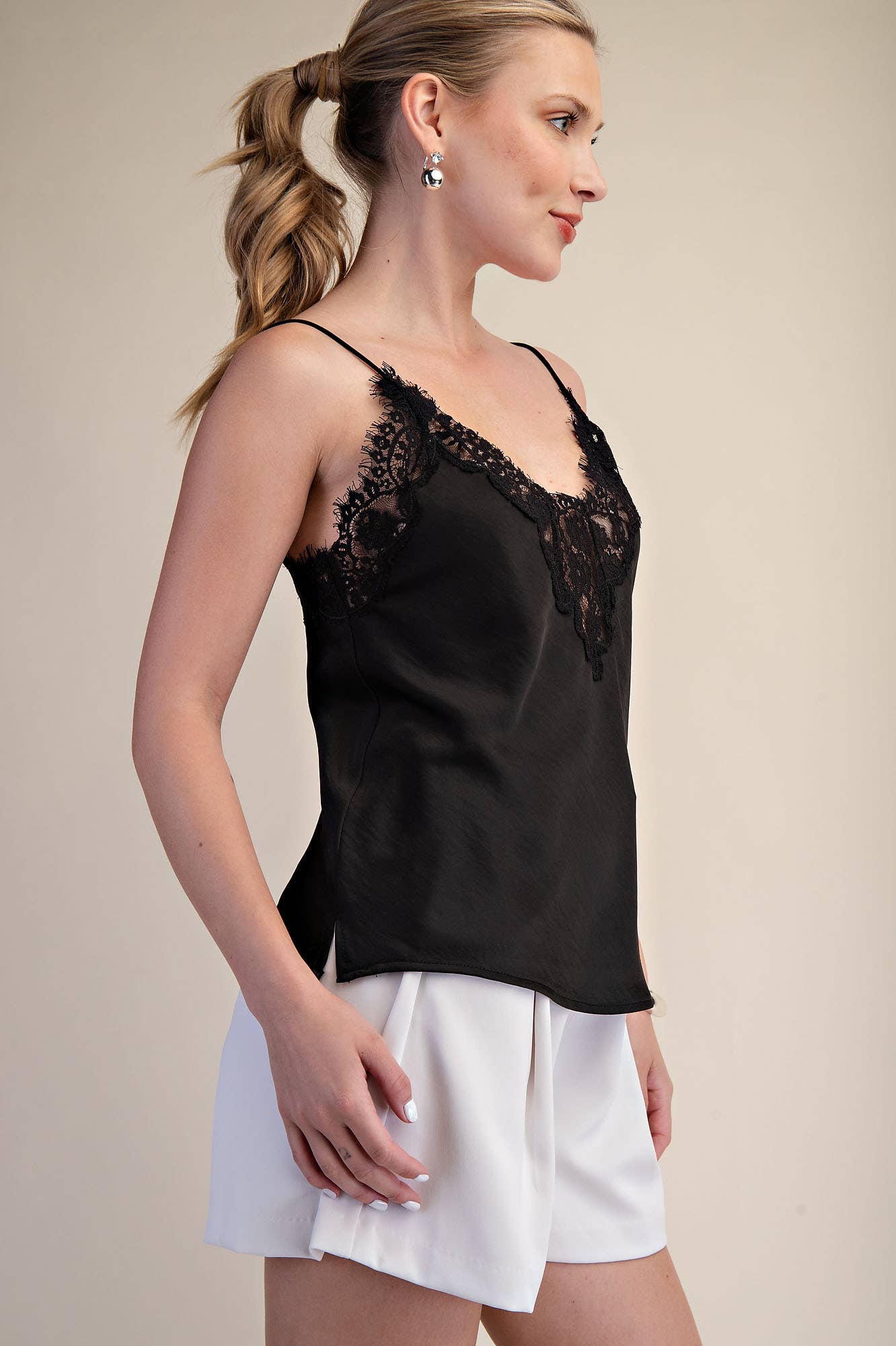 V-Neckline Lace Satin Cami Top