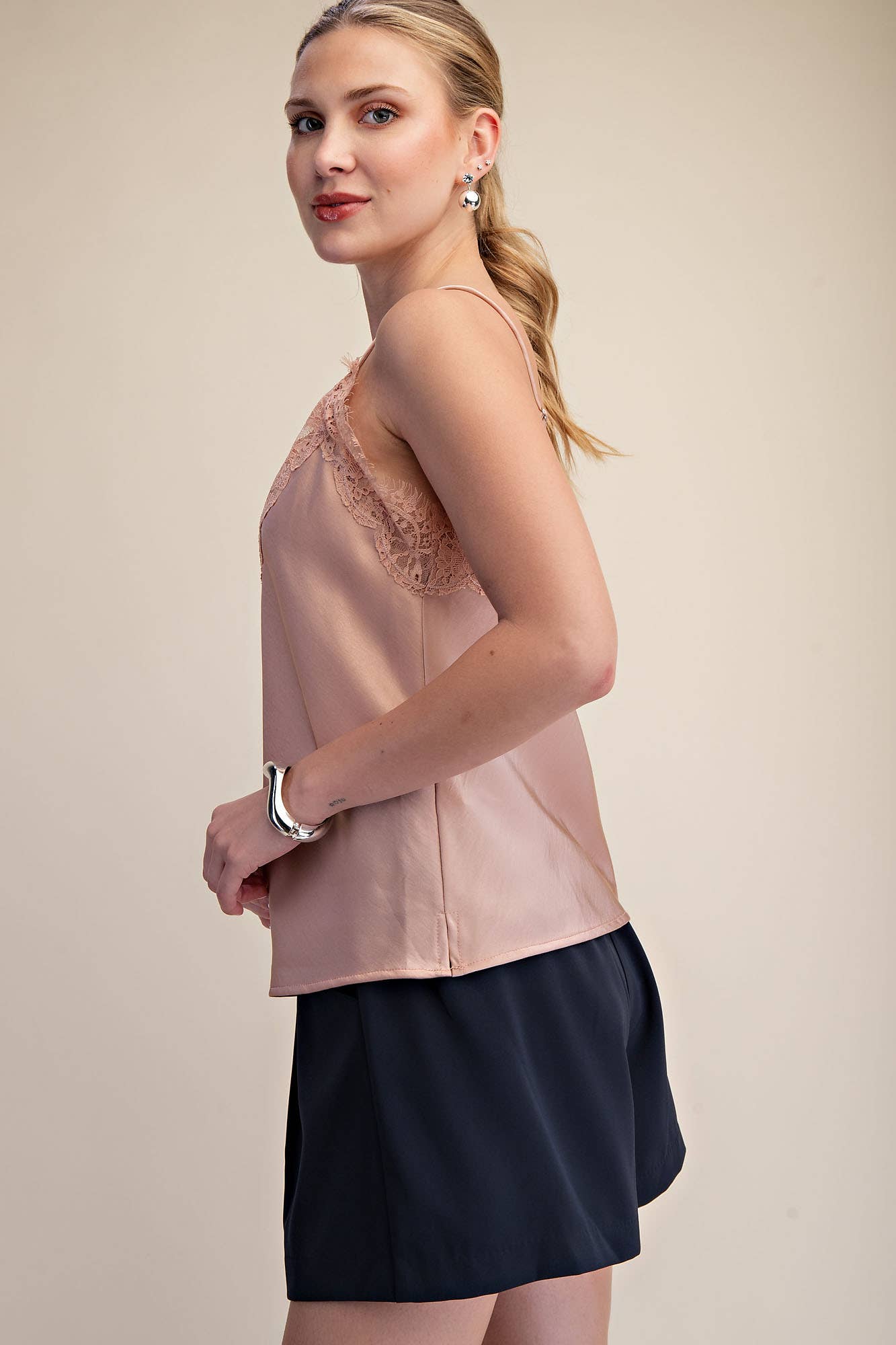 V-Neckline Lace Satin Cami Top
