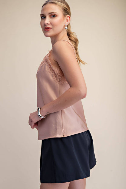 V-Neckline Lace Satin Cami Top