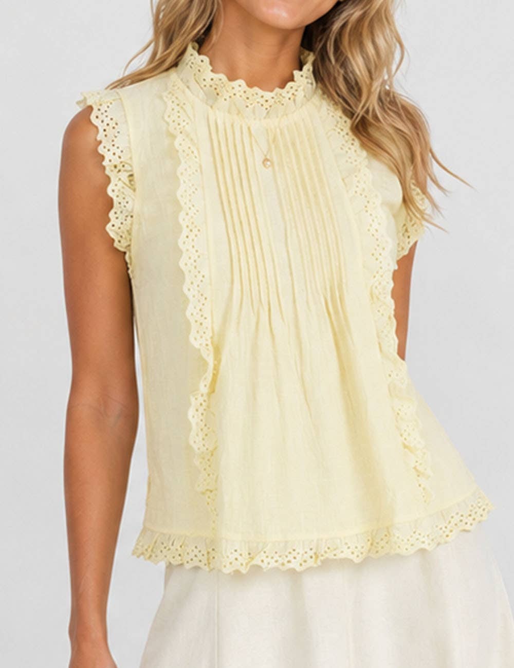Ladies Boho Eyelet Lace Pleated Round Neck Sleeveless Babydoll Top