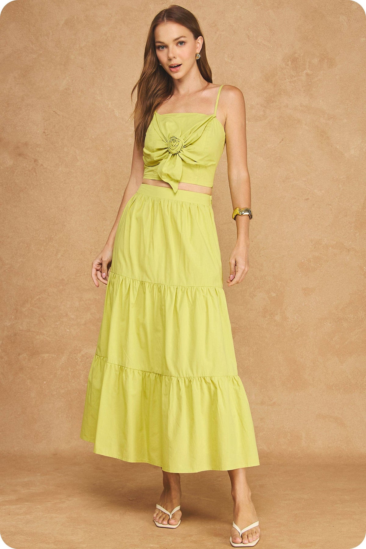 Flower Rosette Detail Crop Top & Tiered Midi Skirt Set