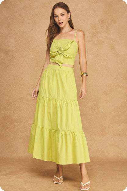 Flower Rosette Detail Crop Top & Tiered Midi Skirt Set