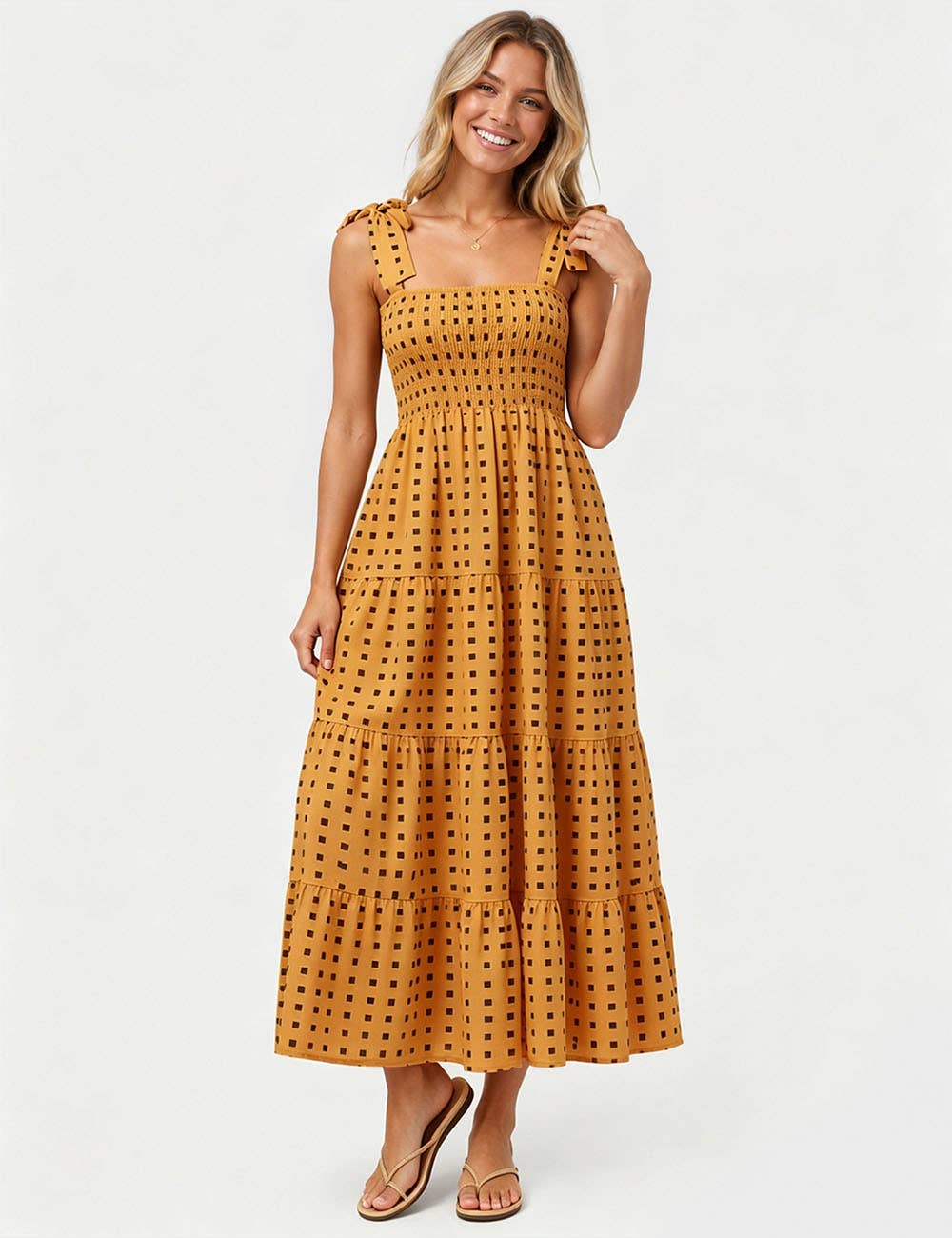 Ladies Abstract Print Smocked Tie Strap Square Neck Midi Dress