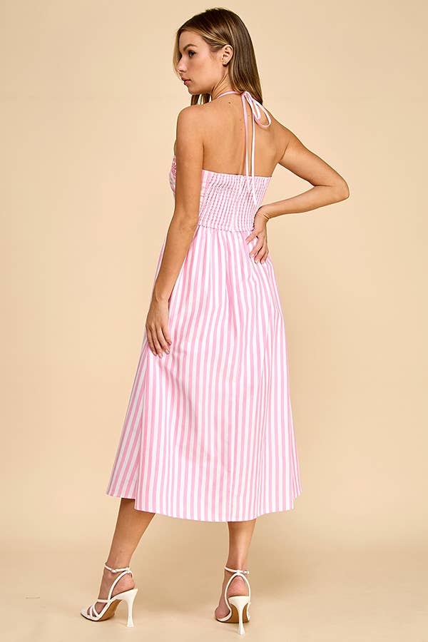 Scalloped halter neckline midi dress with embroidery detail