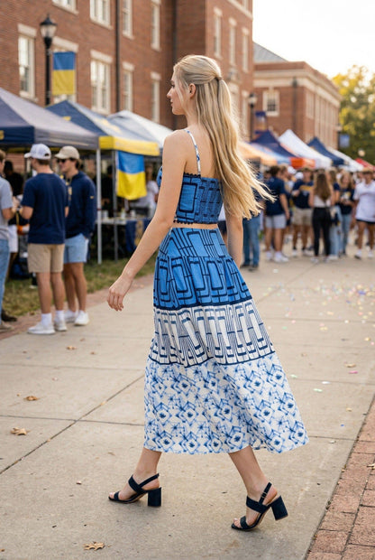 Geometric printed crop top and midi skirt set