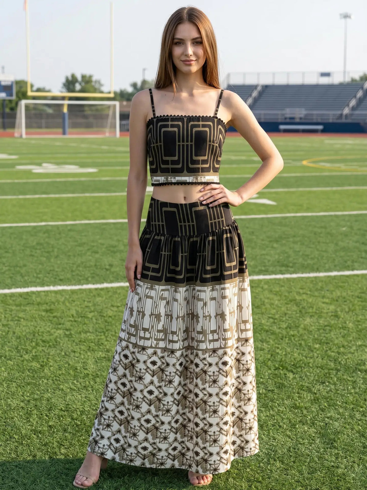 Geometric Printed Crop Top and Midi Skirt Set