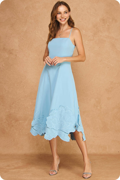 3D Floral Appliqué Sleeveless Square Neck Midi Dress