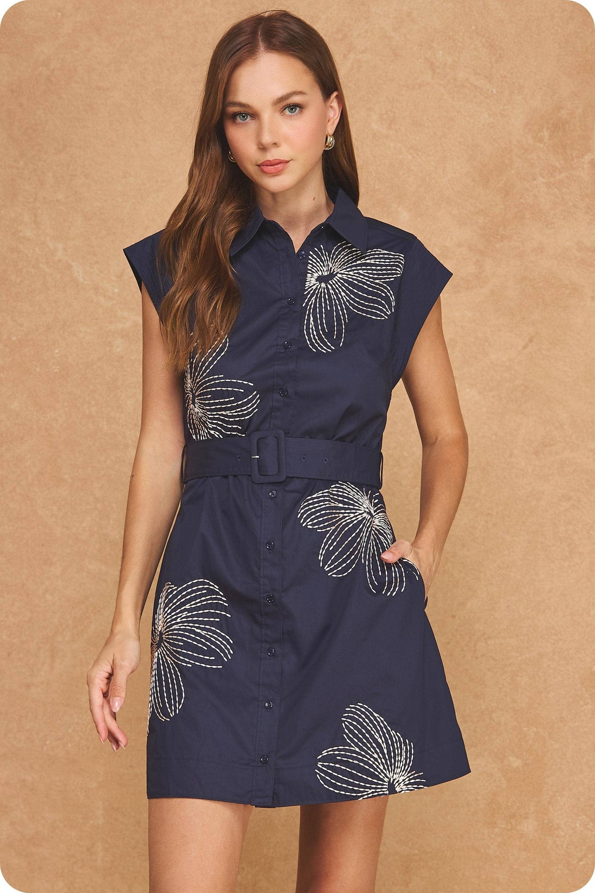 Embroidered Floral Button-Down Belted Sleeveless Shirt Dress