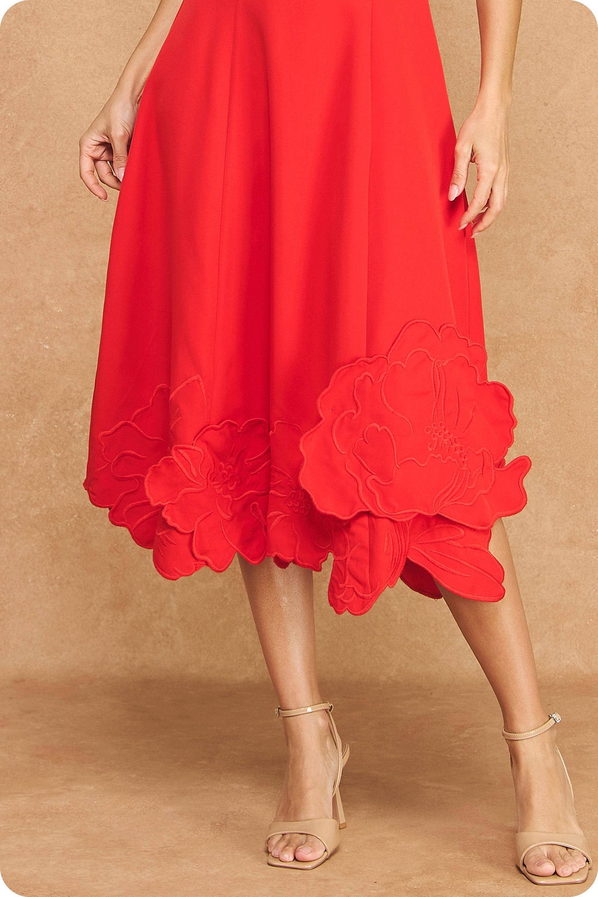 3D Floral Appliqué Sleeveless Square Neck Midi Dress