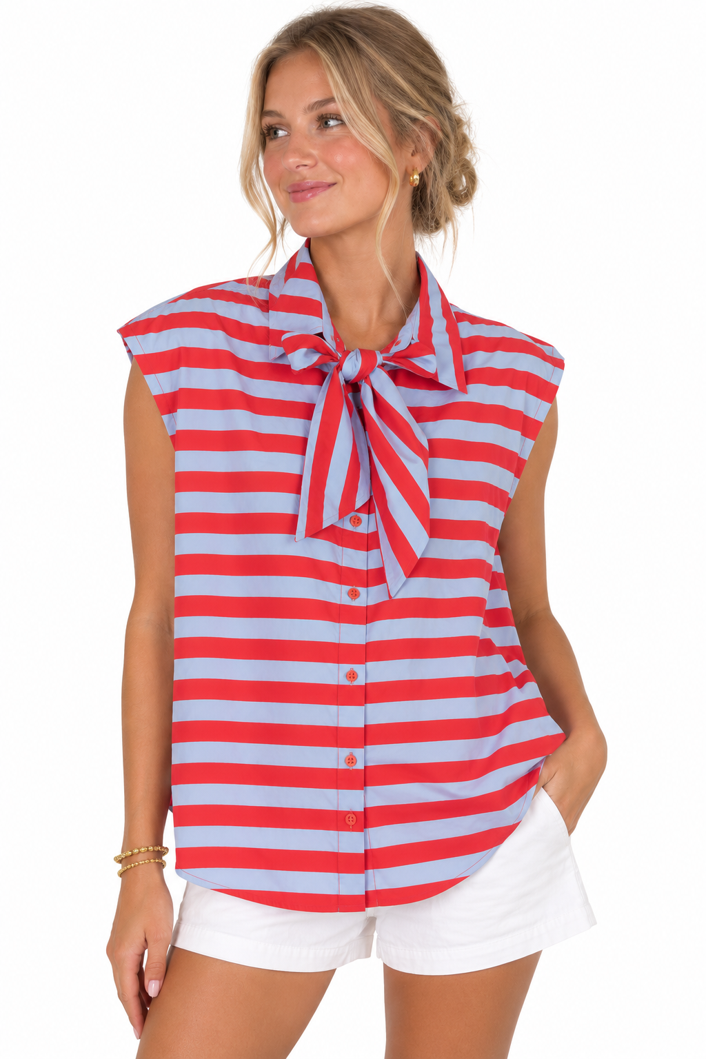 Bow Neck Sleeveless Stripe Shirt