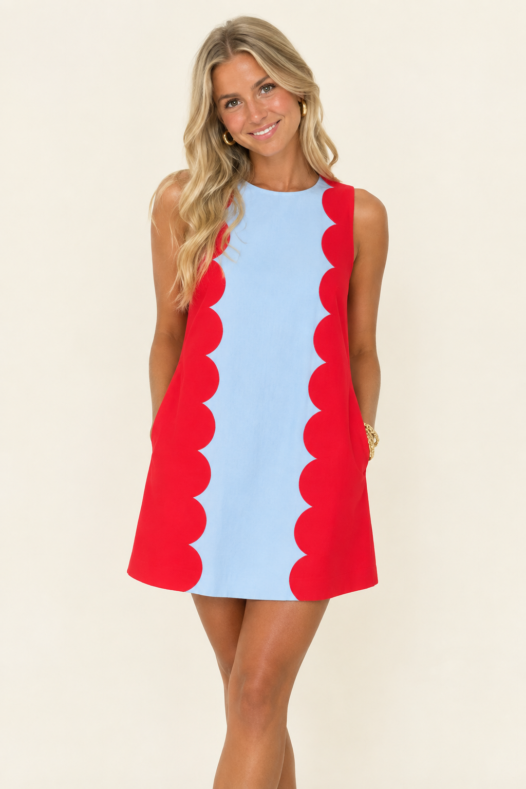 Cotton Blend Sleeveless Dress W/ Scalloped Panels