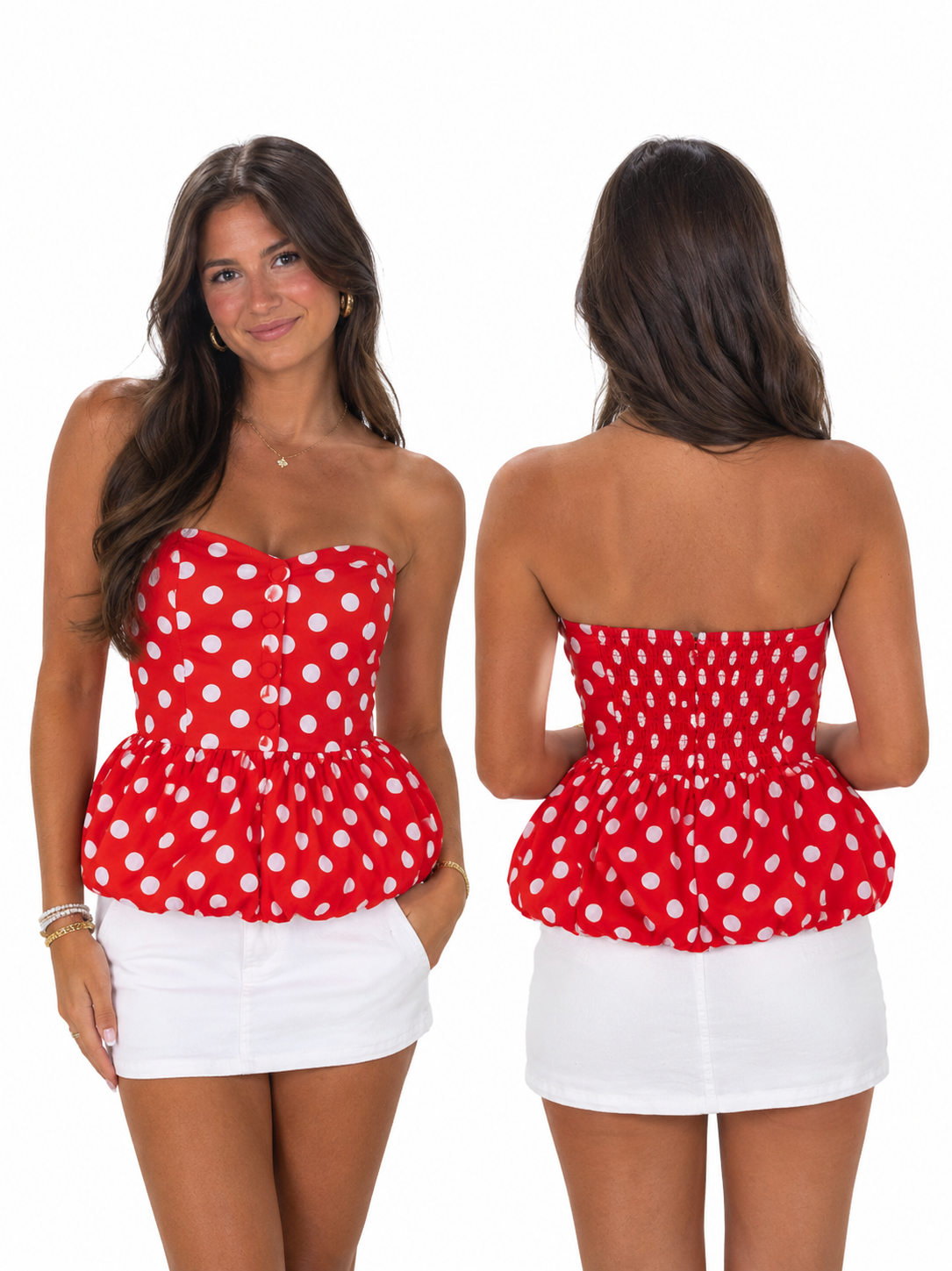 Strapless Polka Dot Peplum Bubble Hem Top