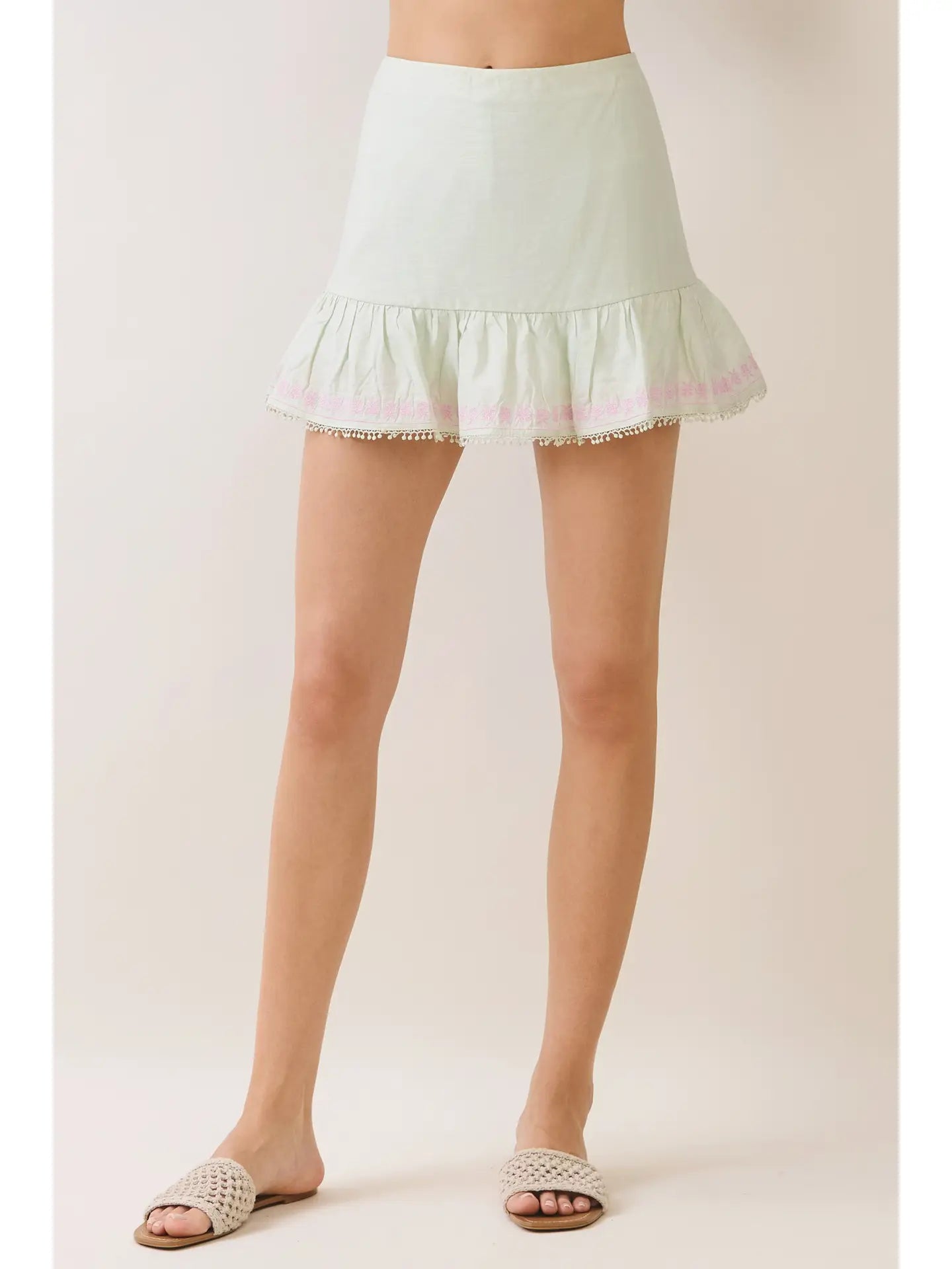 Faire Embroidered Ruffle Mini Skirt - Green
