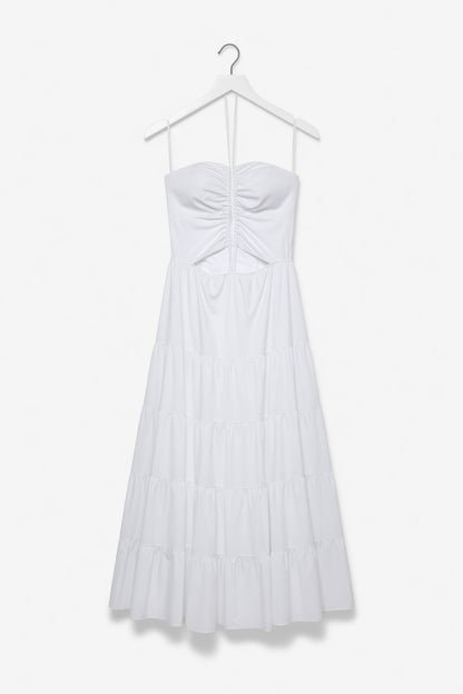 Tiered Ruched Dress Details Tie Neck Maxi Dress - White