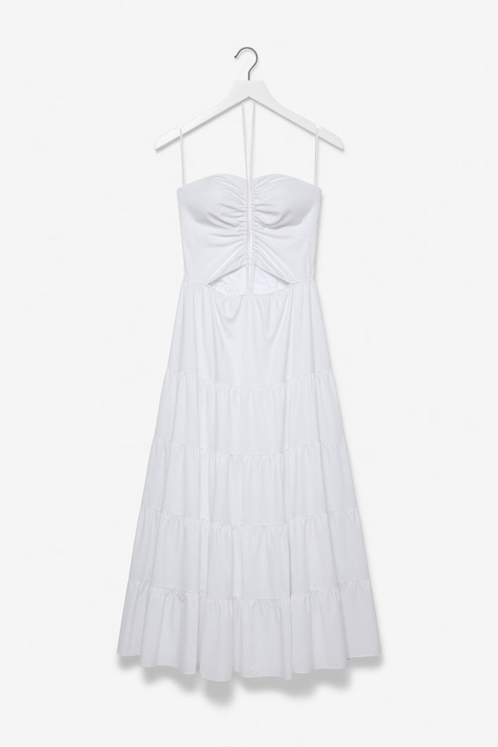 Tiered Ruched Dress Details Tie Neck Maxi Dress - White