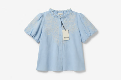 Blue Embroidered Ruffle Top