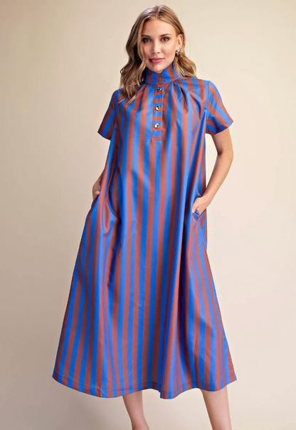 Stand High Neck Stripe Midi Dress