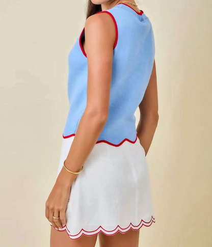 Sleeveless Knit Top With Contrast Scalloped Hem Edge