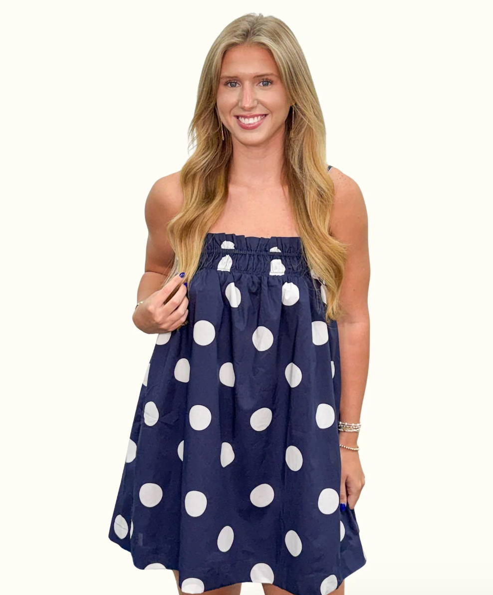 Polka Dot Mini Dress With Elastic Neckline