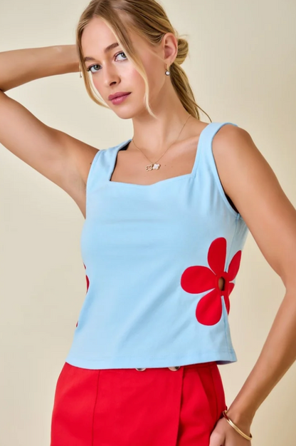 Sleeveless Square Neck Top w/ Cutout Flower Appliqué Top