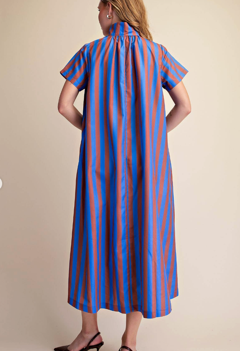 Stand High Neck Stripe Midi Dress