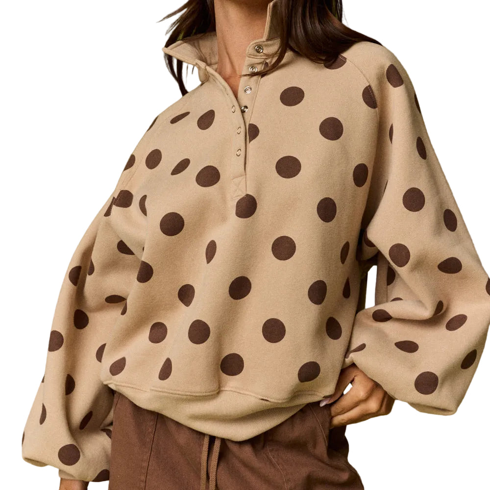 Snap Button Pullover Polka Dot Sweatshirt