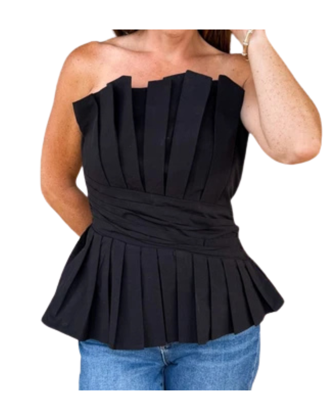 Entro: Strapless Pleated Ruffle Top