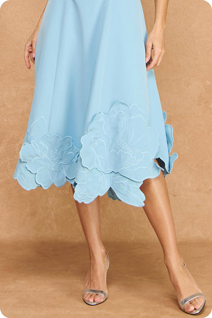 3D Floral Appliqué Sleeveless Square Neck Midi Dress