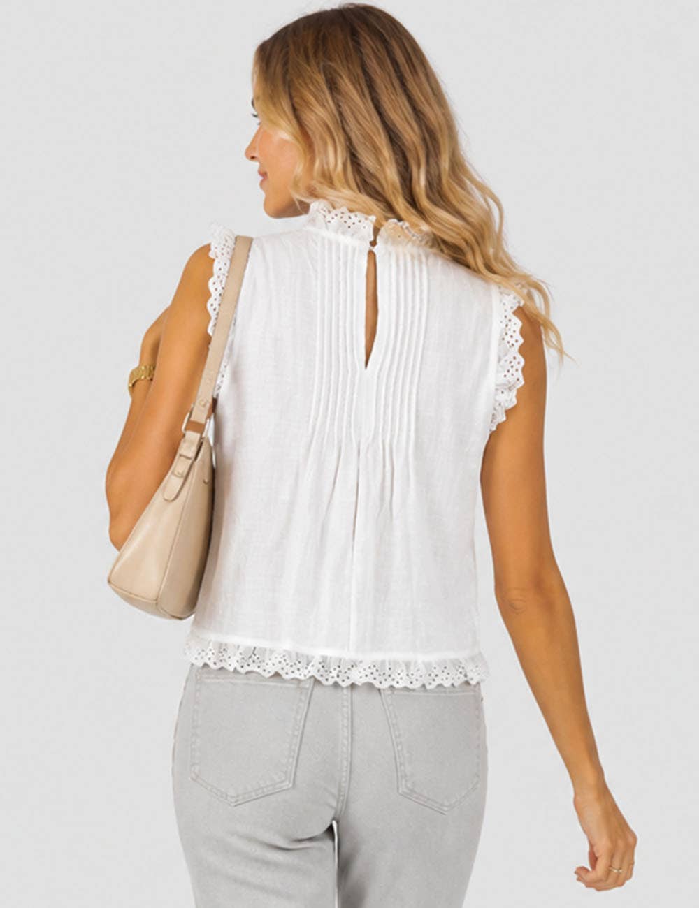 Ladies Boho Eyelet Lace Pleated Round Neck Sleeveless Babydoll Top