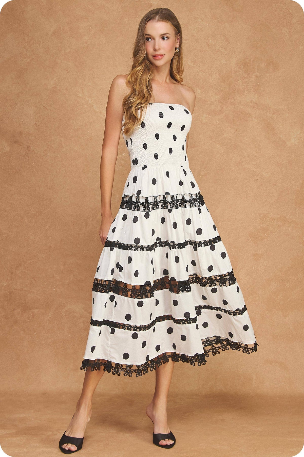 Polka Dot Lace Trim Detail Tube Long Dress