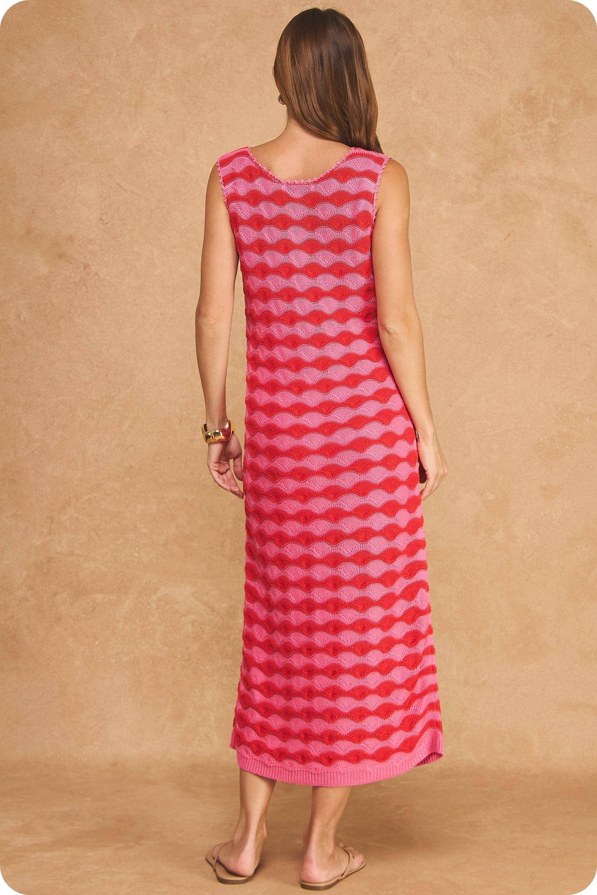 Scalloped Wavy Stripe Knit Sleeveless Midi Dress