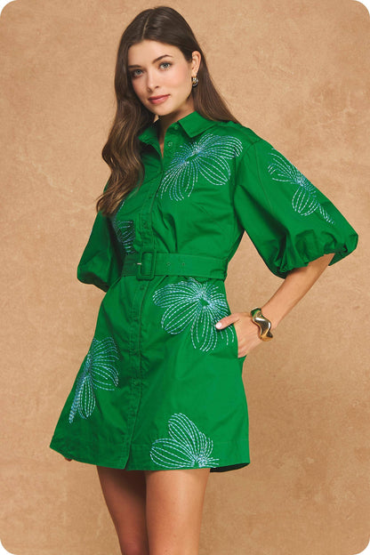 Embroidered Puff Sleeve Belted Mini Shirt Dress