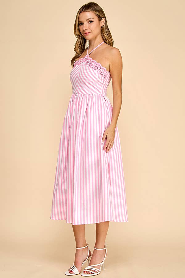 Scalloped halter neckline midi dress with embroidery detail