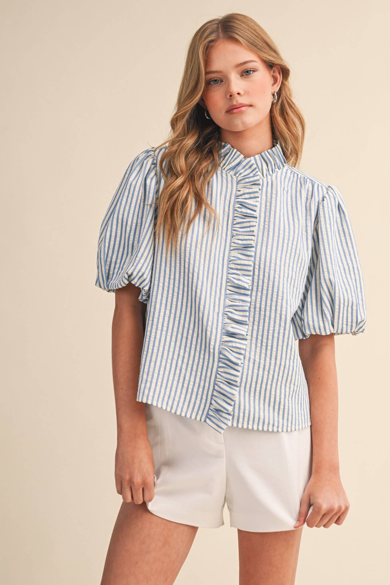 STRIPED RUFFLED BUTTON DOWN TOP MTP4692