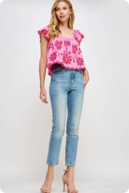 Embroidery Sleeveless Linen Top
