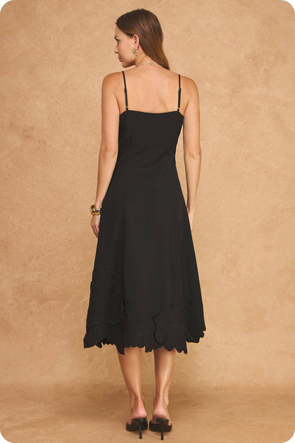 3D Floral Appliqué Sleeveless Square Neck Midi Dress