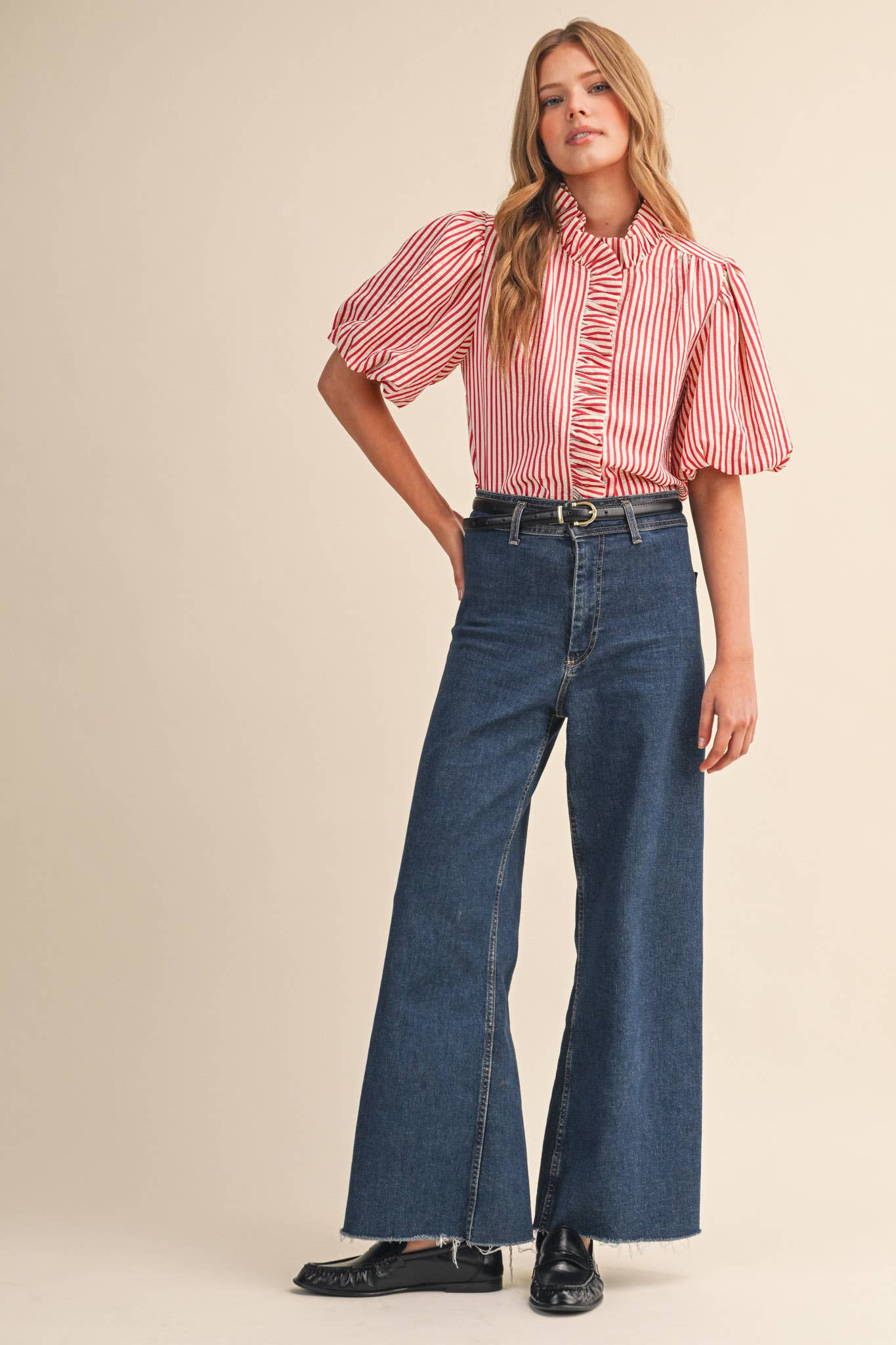 STRIPED RUFFLED BUTTON DOWN TOP MTP4692