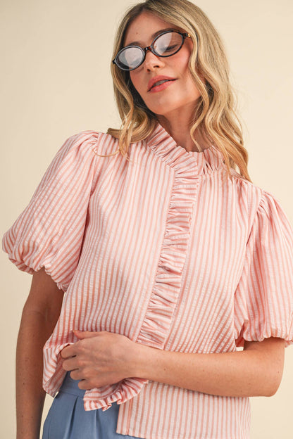 STRIPED RUFFLED BUTTON DOWN TOP MTP4692
